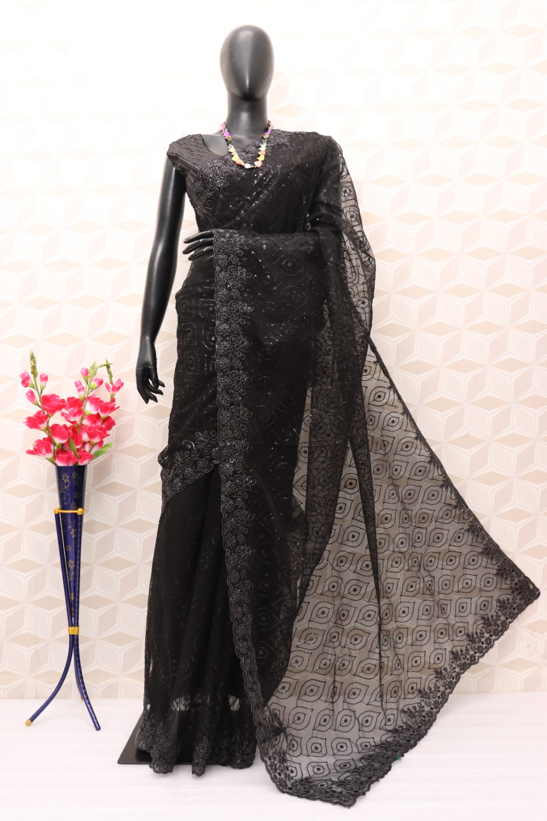 Amusing Black Georgette Fancy Sequins Work Party Wear Saree With Blouse KT-299 By Dealbazaars