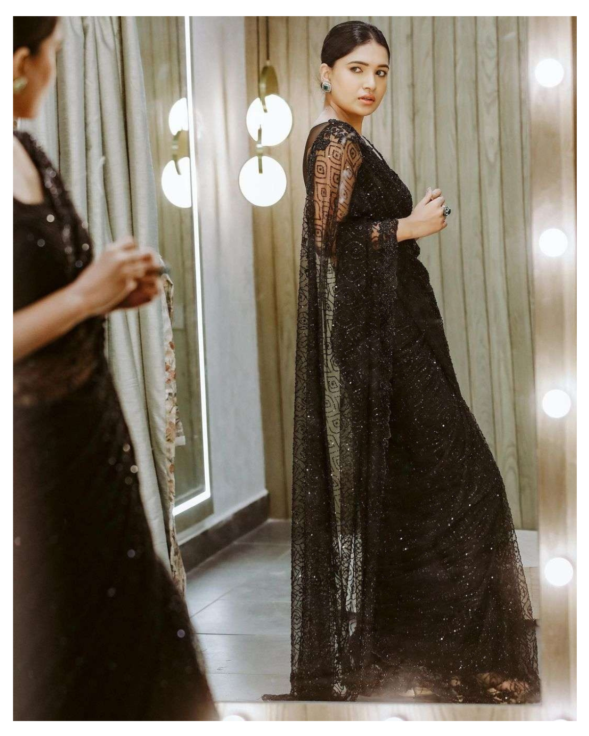 Amusing Black Georgette Fancy Sequins Work Party Wear Saree With Blouse KT-299 By Dealbazaars