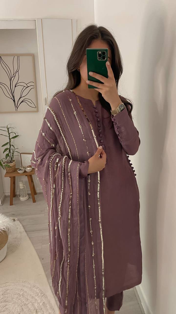Heavy Faux Georgette With Heavy Paper Mirror Embroidery Work With Full Sleeve Fancy Top-Dupatta and Fully Stitched Bottom