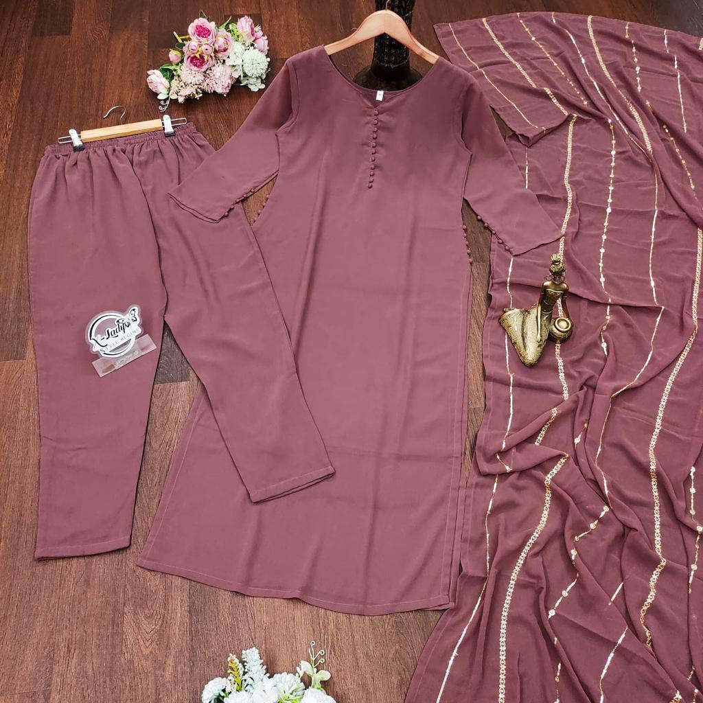 Heavy Faux Georgette With Heavy Paper Mirror Embroidery Work With Full Sleeve Fancy Top-Dupatta and Fully Stitched Bottom