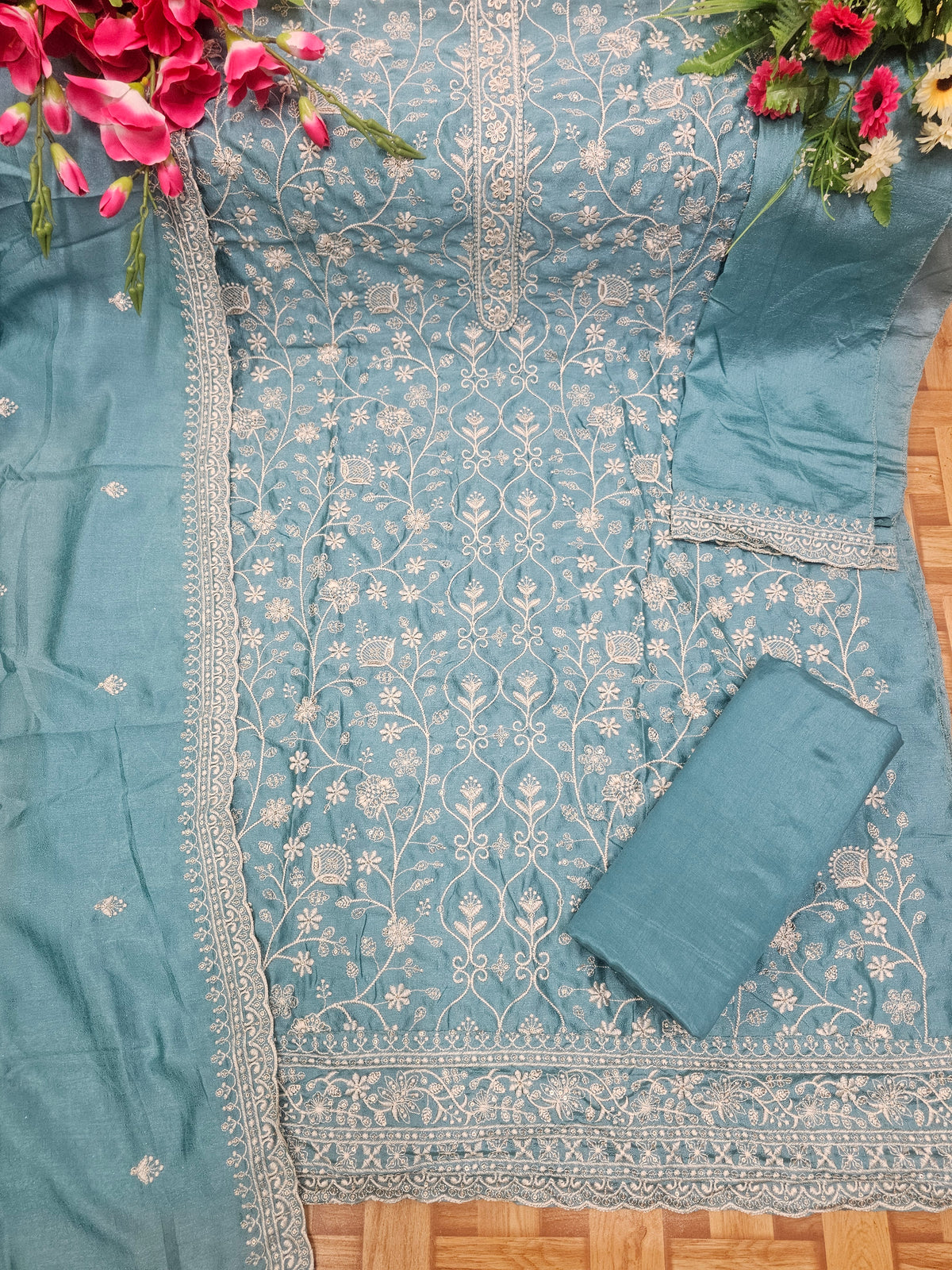 Fancy Look Women Pakistani Suit Vichitra Silk Sequence Embroidery Wonderful Semi-Stitched Salwar Suit Material