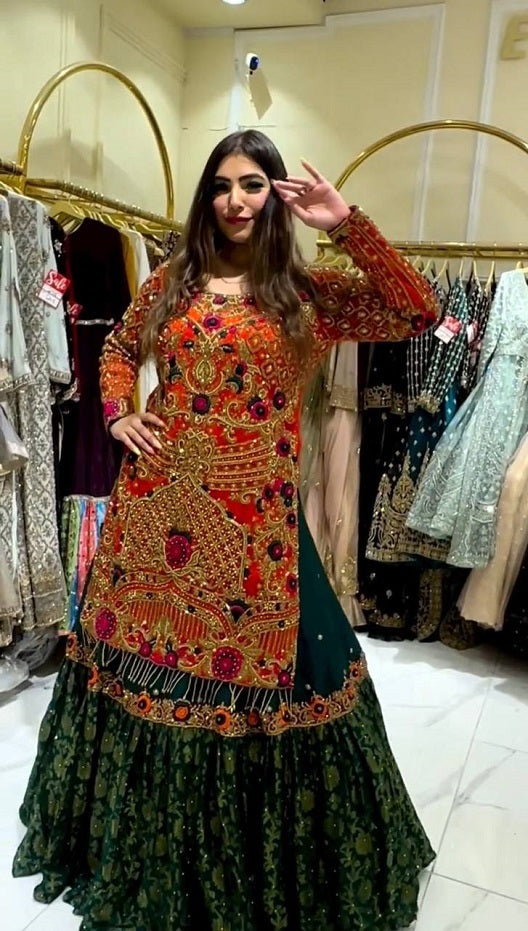 HEAVY FAUX GEORGETTE PRINTED ORANGE-GREEN LEHENGA WITH TOP