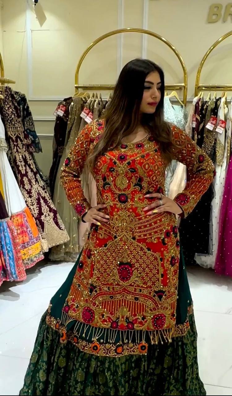 HEAVY FAUX GEORGETTE PRINTED ORANGE-GREEN LEHENGA WITH TOP