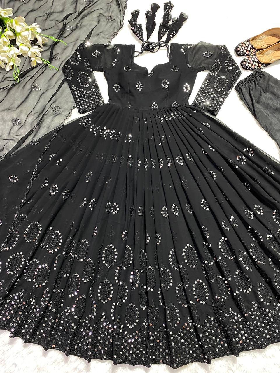 Designer Black Anarkali Suit With Pant and Dupatta Sequence Embroidery Work Dress for Women
