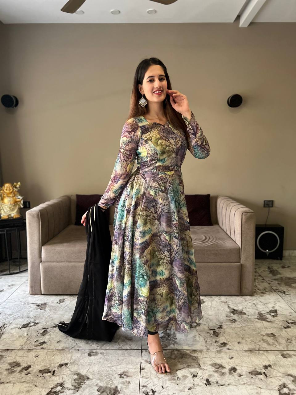 Multi Color Digital Print Tebby Organza Anarkali Gown