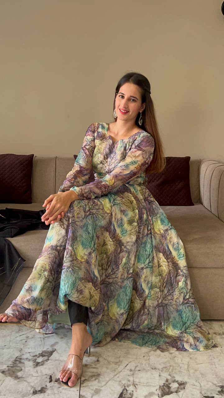 Multi Color Digital Print Tebby Organza Anarkali Gown