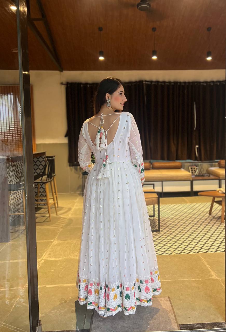 White Georgette Embroidered Anarkali Suit