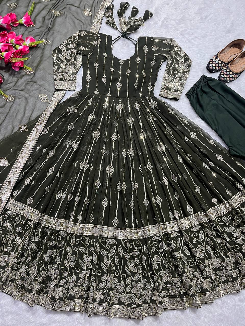 Mehendi Color Designer Partywear Gown 5mm Sequins Multi Needle Embroidery Work Full Sleeve With Cotton Pant And Lace Border Embroidery Dupatta