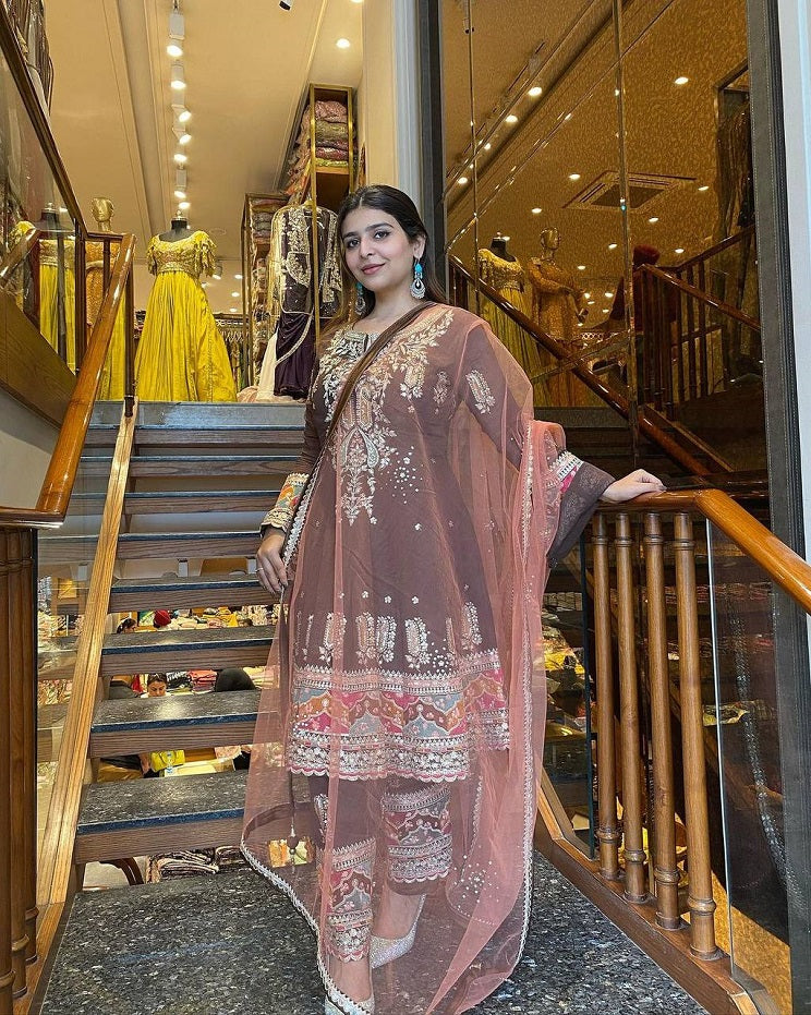 Brown Color Launching New Designer Party Wear Look Top , Pant and Dupatta