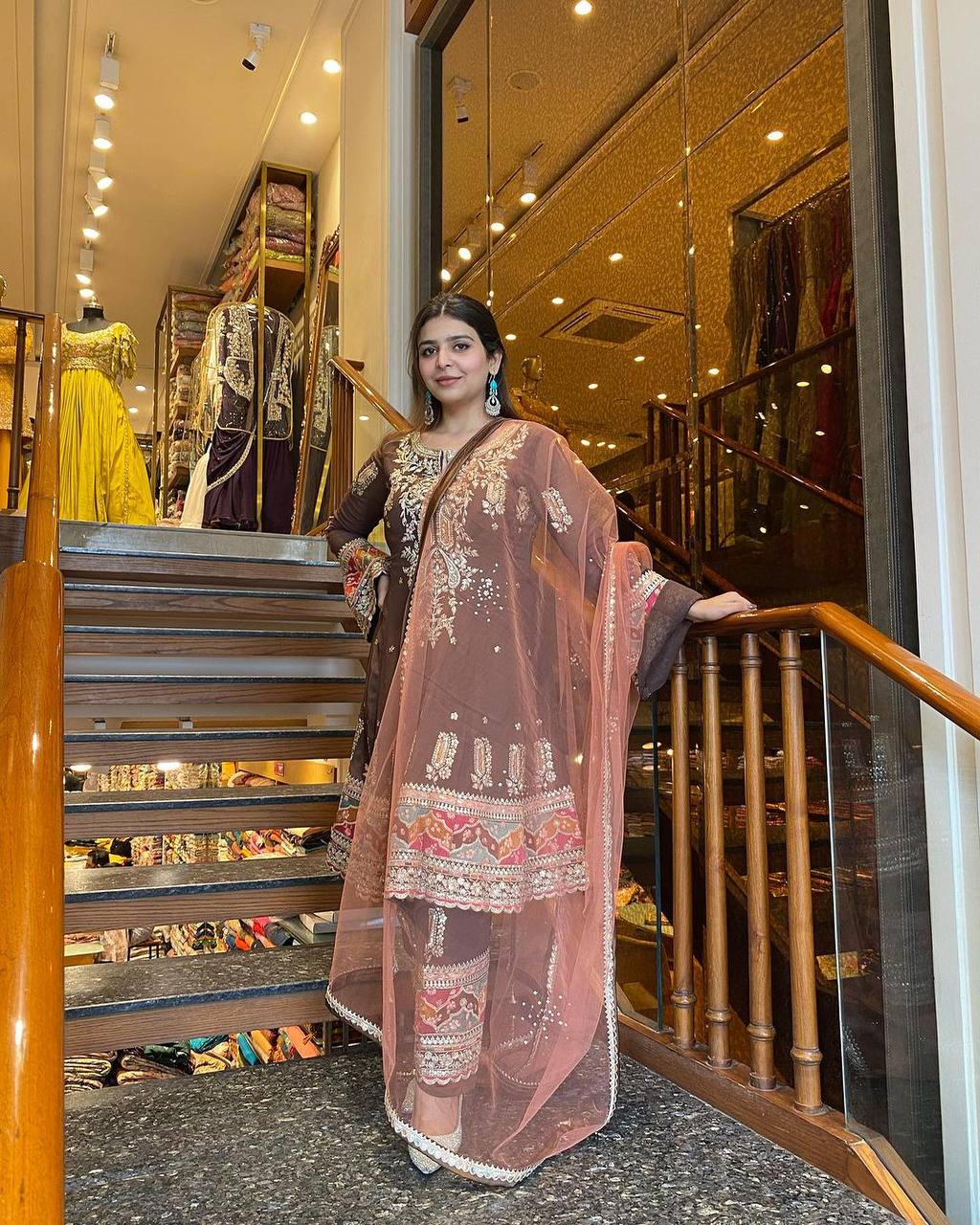 Brown Color Launching New Designer Party Wear Look Top , Pant and Dupatta