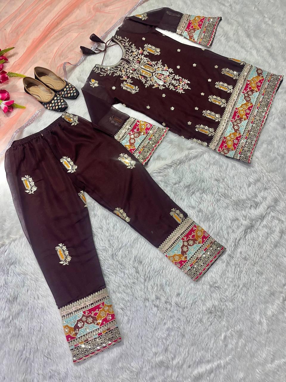 Brown Color Launching New Designer Party Wear Look Top , Pant and Dupatta