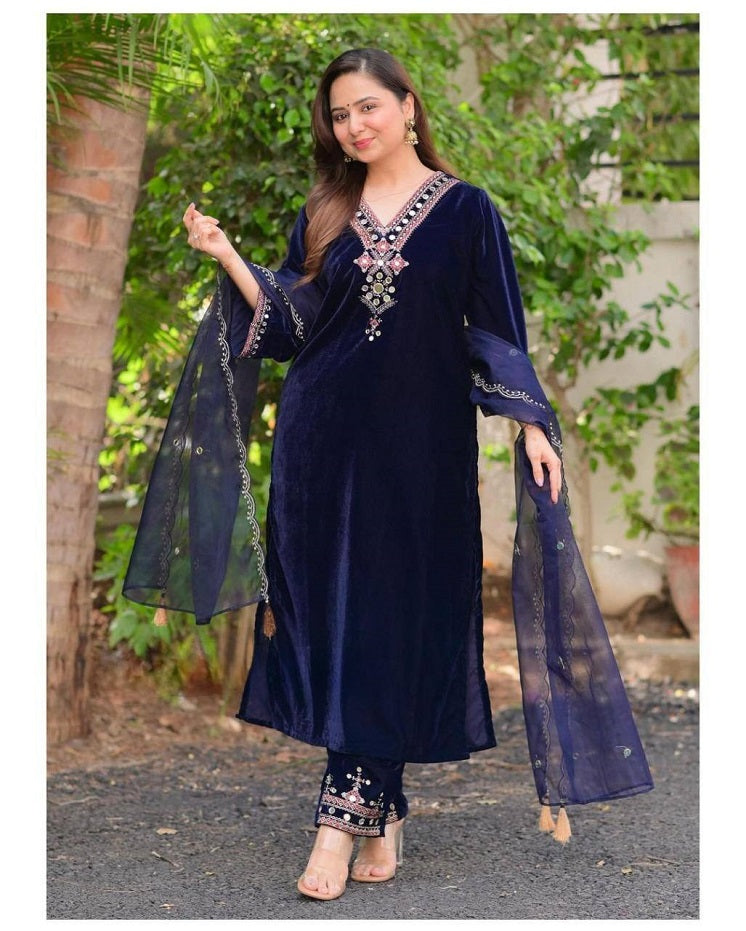 Heavy Navy Blue Designer Velvet Kurta Pant set with organza Dupatta Indian Readymade Velvet SalwarKameez Set for women