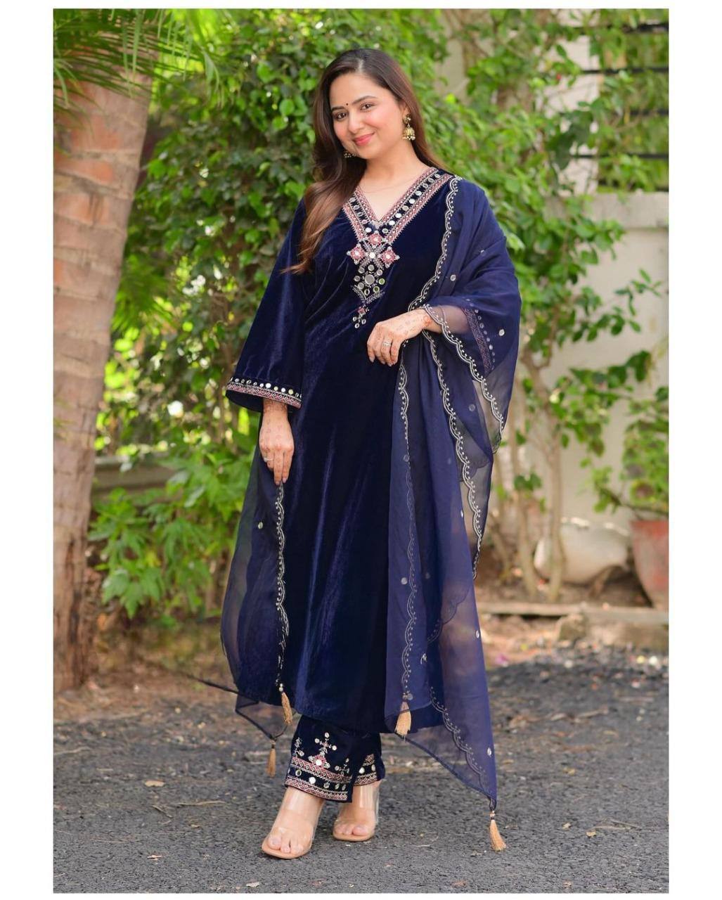 Heavy Navy Blue Designer Velvet Kurta Pant set with organza Dupatta Indian Readymade Velvet SalwarKameez Set for women