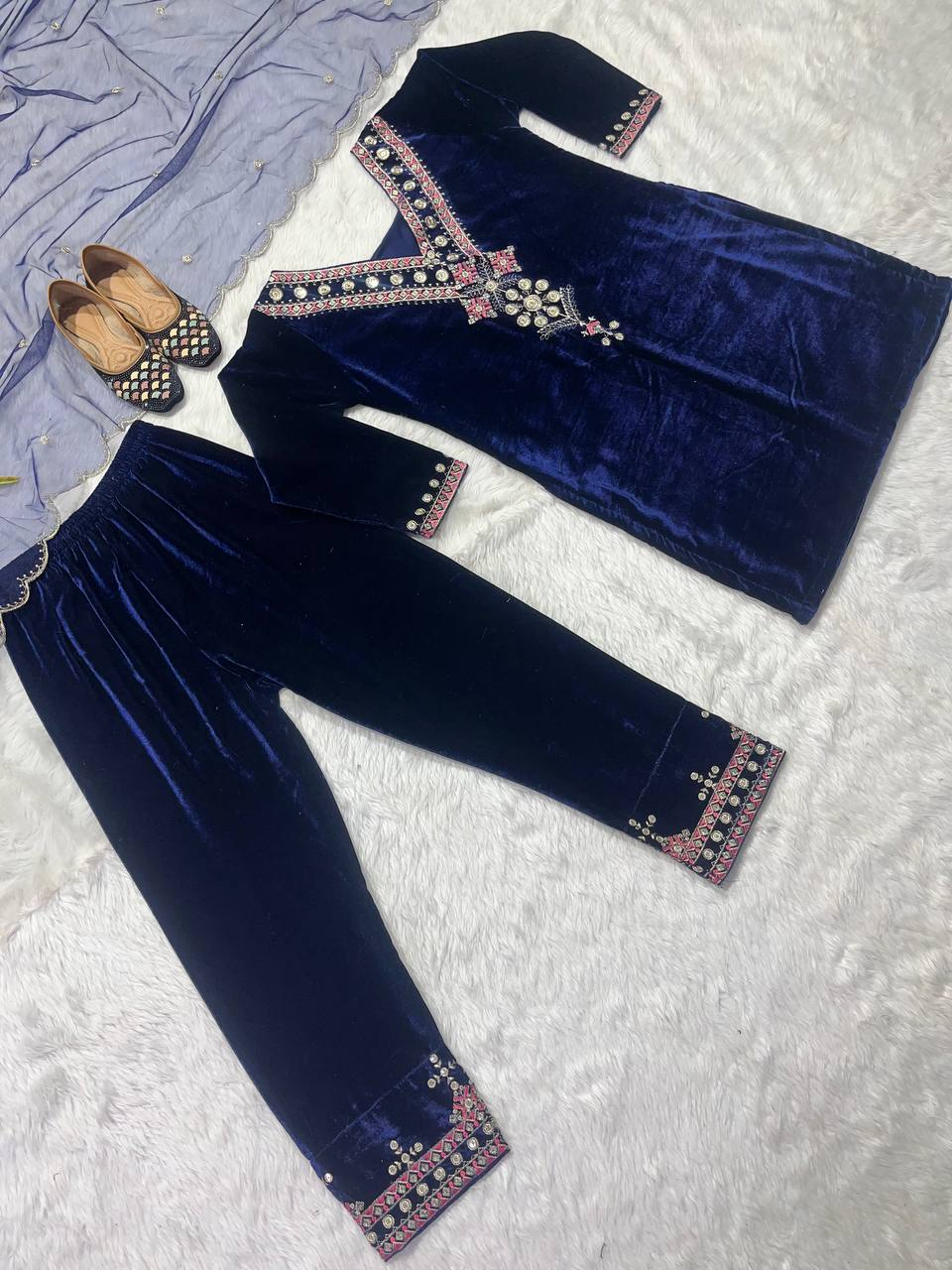 Heavy Navy Blue Designer Velvet Kurta Pant set with organza Dupatta Indian Readymade Velvet SalwarKameez Set for women