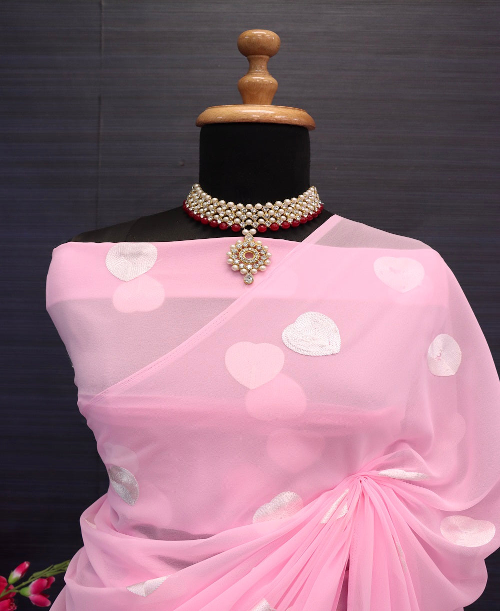 Light Pink Embroidered Georgette Prestitch Exclsuive Bollywood Barbie Look Saree For Womens