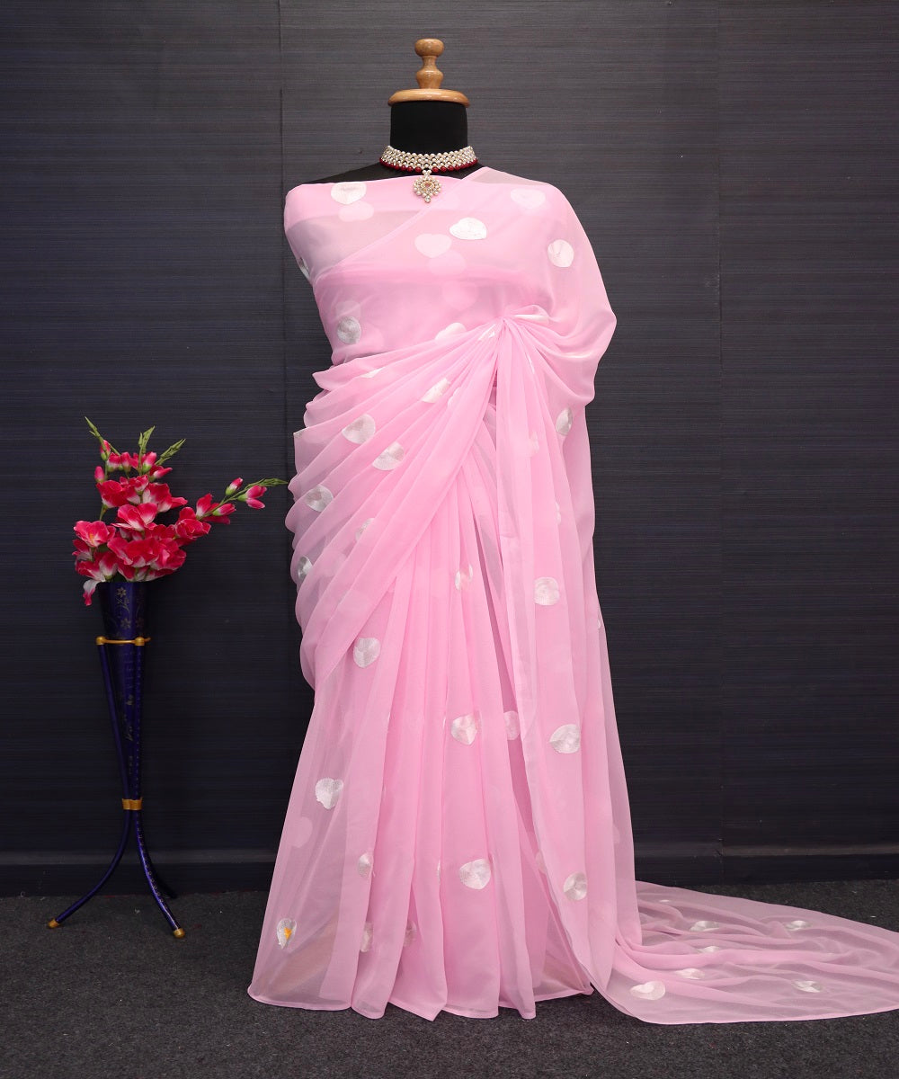Light Pink Embroidered Georgette Prestitch Exclsuive Bollywood Barbie Look Saree For Womens