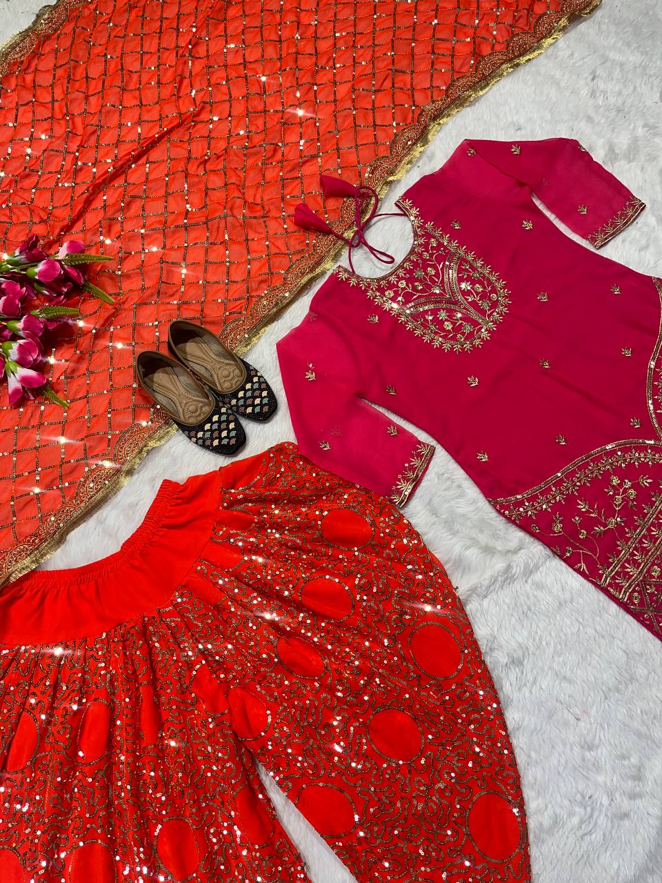 Designer Faux Georgette Dhoti Salwar Suit Set with Sequins Embroidery & Digital Print, Fully Stitched Top & Dupatta for Women