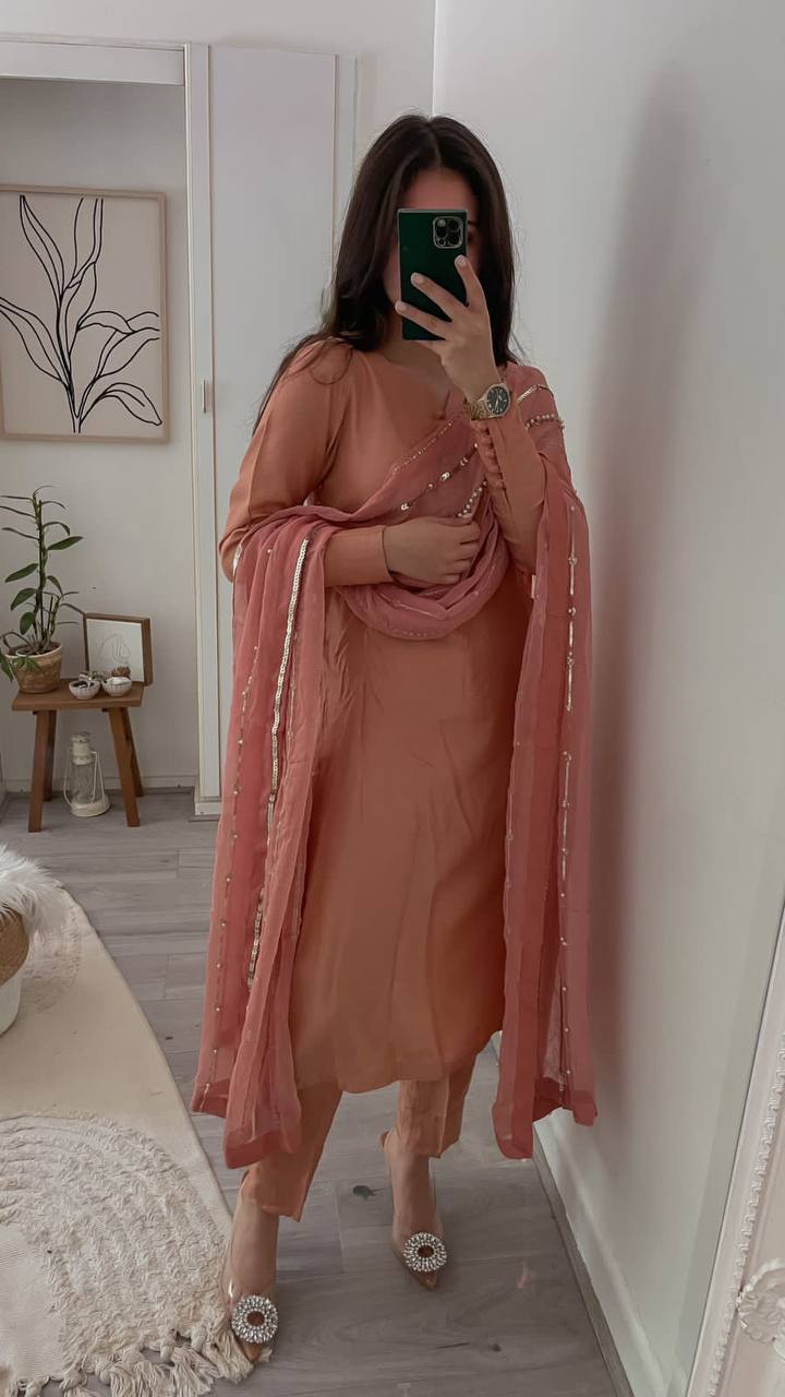 Heavy Faux Georgette With Heavy Paper Mirror Embroidery Work With Full Sleeve Fancy Top-Dupatta and Fully Stitched Bottom