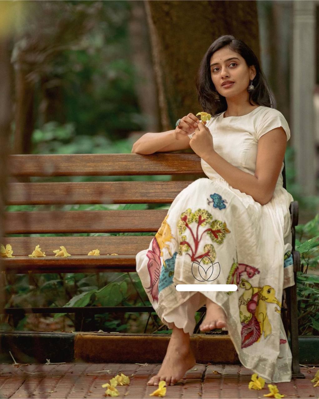 Creme South Indian Gown With Kalamkari Print in Chent Crepe Ready to Wear
