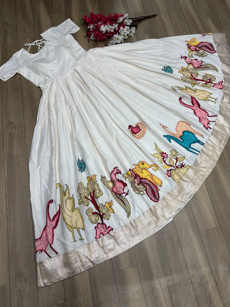 Creme South Indian Gown With Kalamkari Print in Chent Crepe Ready to Wear
