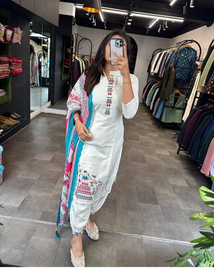 Womans Casual Wear Color Thread Work Kurti Pant With Dupatta