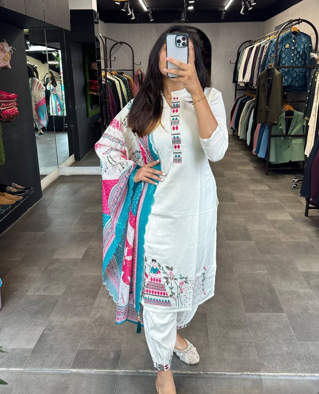 Womans Casual Wear Color Thread Work Kurti Pant With Dupatta