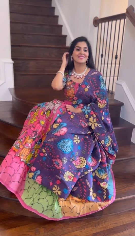 Pink Fancy Kalamkari Print Lehenga Choli With Blue Dupatta