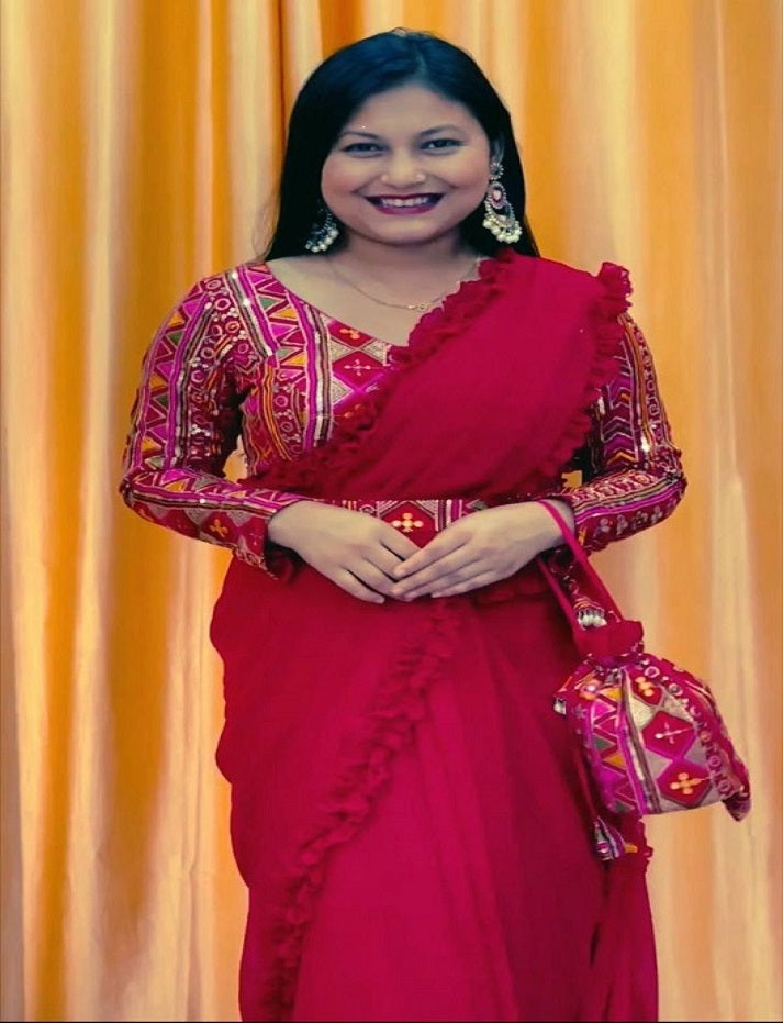 Rani pink Function Special Georgette with Party wear look saree, Fullystich blouse, designer Purce collection