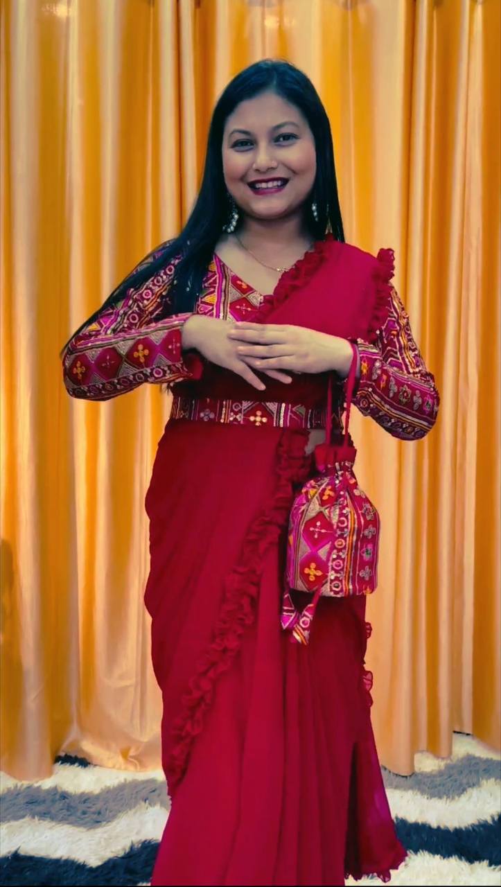 Rani pink Function Special Georgette with Party wear look saree, Fullystich blouse, designer Purce collection