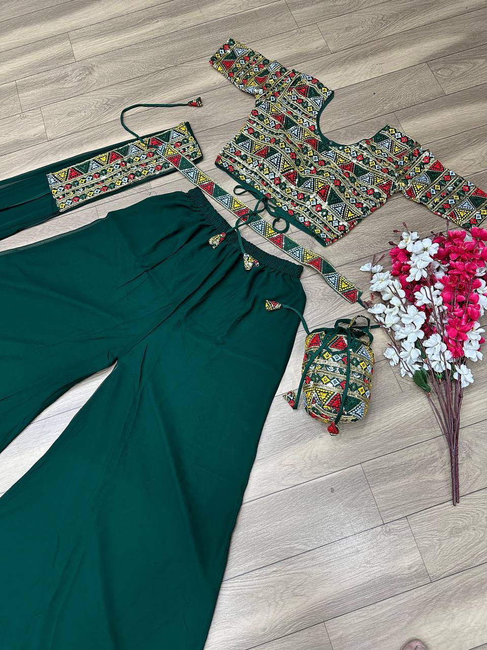 Green Designer Georgette Embroidery Work Blouse plazzo With Belt And Purse