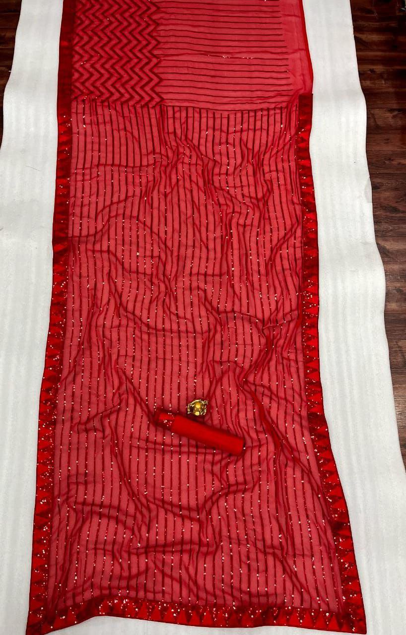 Red Bollywood Celebrity Style Designer Sequence Lace Border Saree Indian Wedding Beautiful Saree Customize Silk Blouse With Ready To Wear Saree