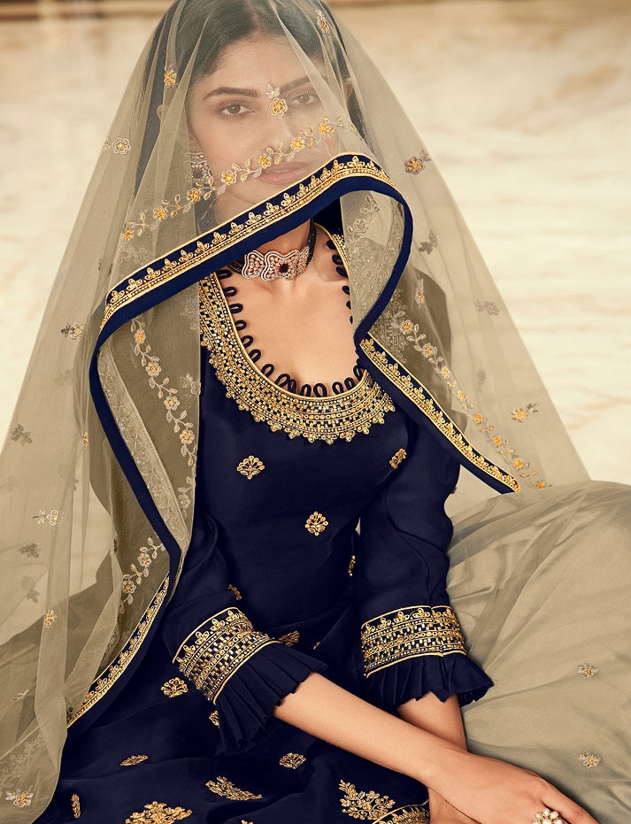 Latest Design Lehenga Style Suit For Women Blue Embroidered Semi-Stitched Top salwar suit Set with Dupatta