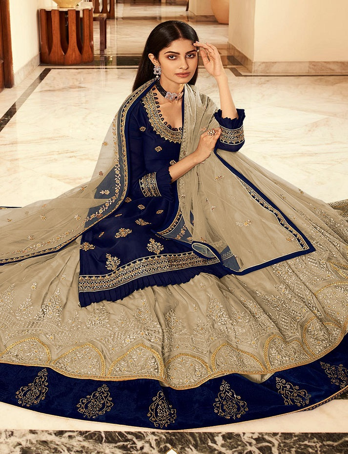 Latest Design Lehenga Style Suit For Women Blue Embroidered Semi-Stitched Top salwar suit Set with Dupatta