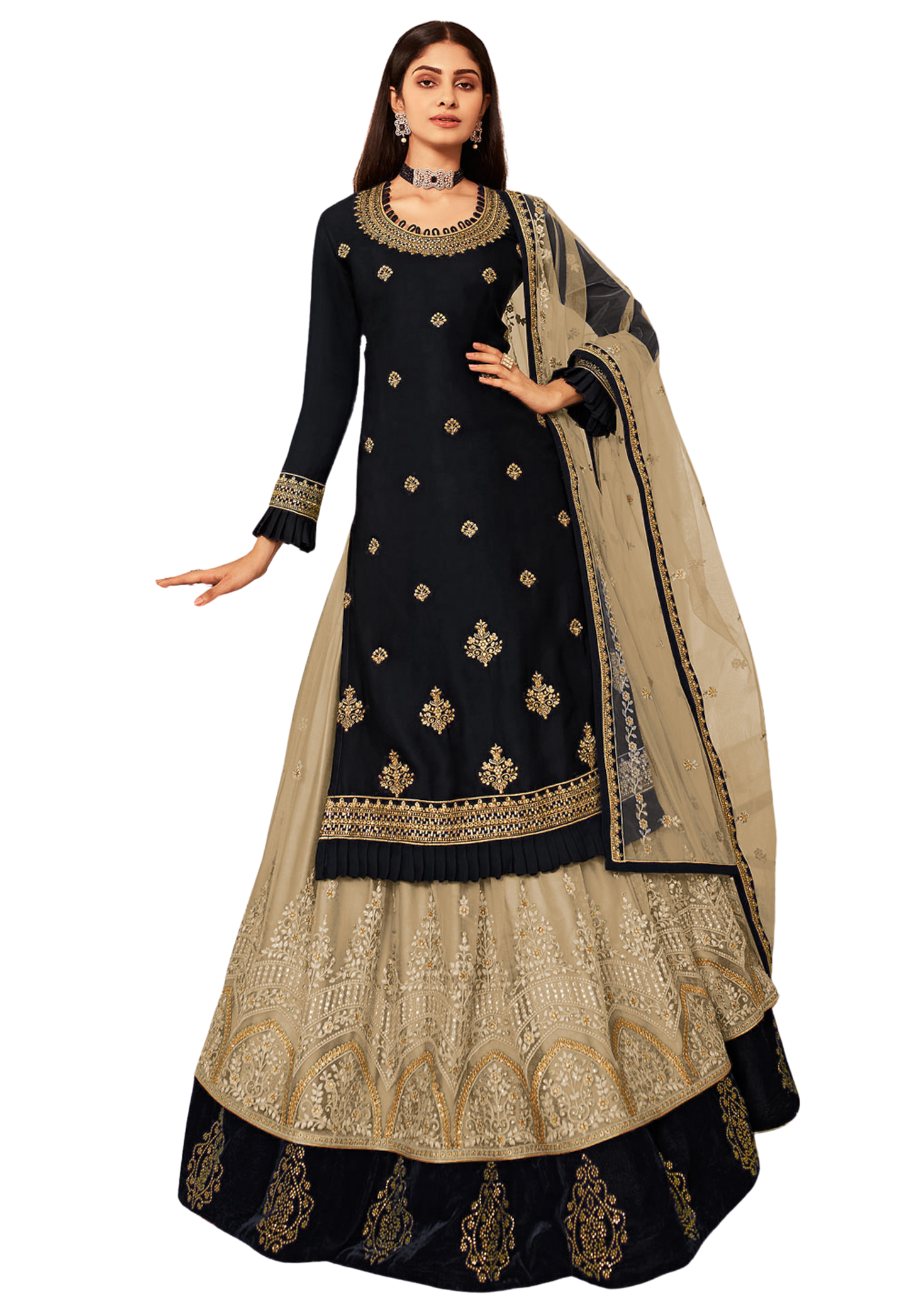 Latest Design Lehenga Style Suit For Women Blue Embroidered Semi-Stitched Top salwar suit Set with Dupatta