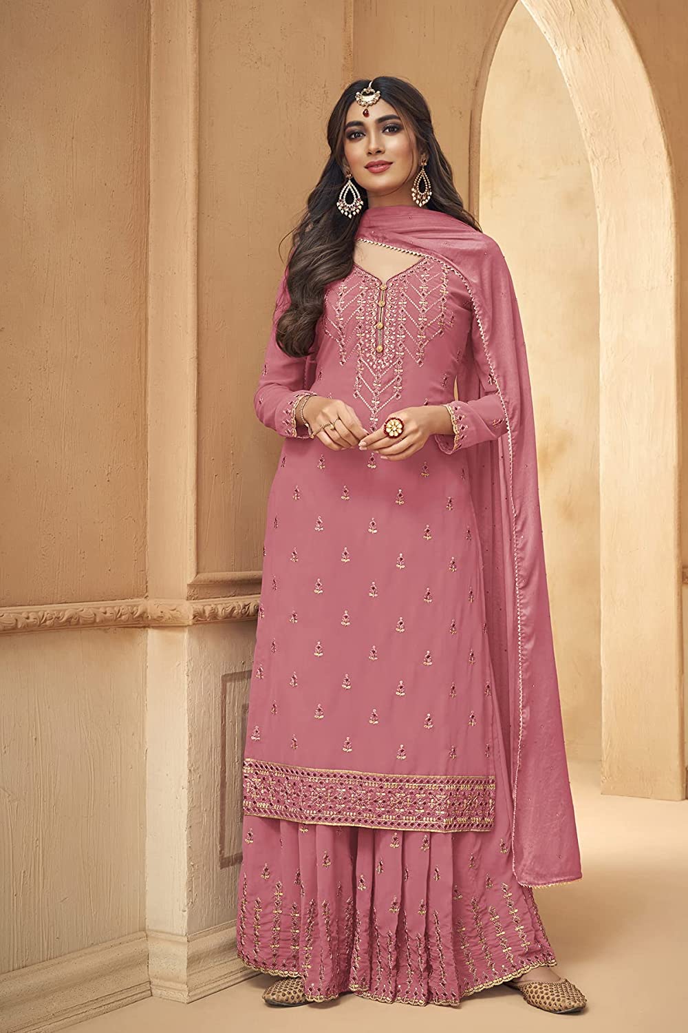 Amazing Georgette Thread Work Semi Stitched Sharara Plazzo Salwar Suit For Women