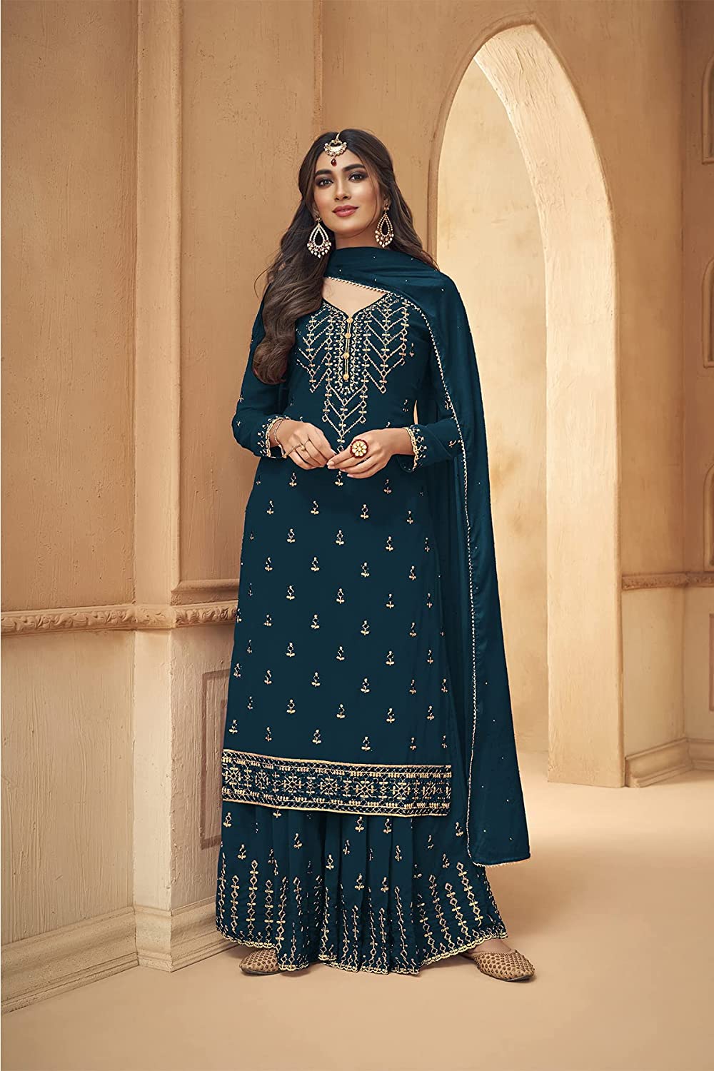 Amazing Georgette Thread Work Semi Stitched Sharara Plazzo Salwar Suit For Women