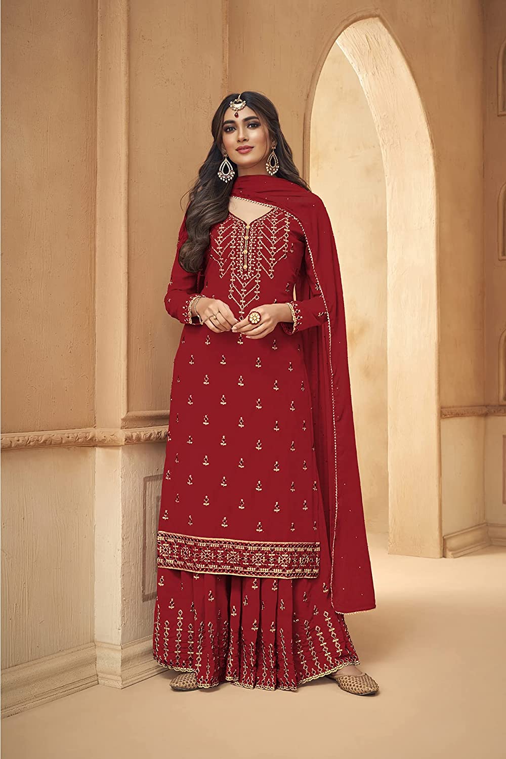 Amazing Georgette Thread Work Semi Stitched Sharara Plazzo Salwar Suit For Women