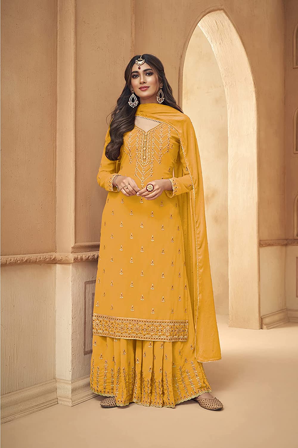 Amazing Georgette Thread Work Semi Stitched Sharara Plazzo Salwar Suit For Women