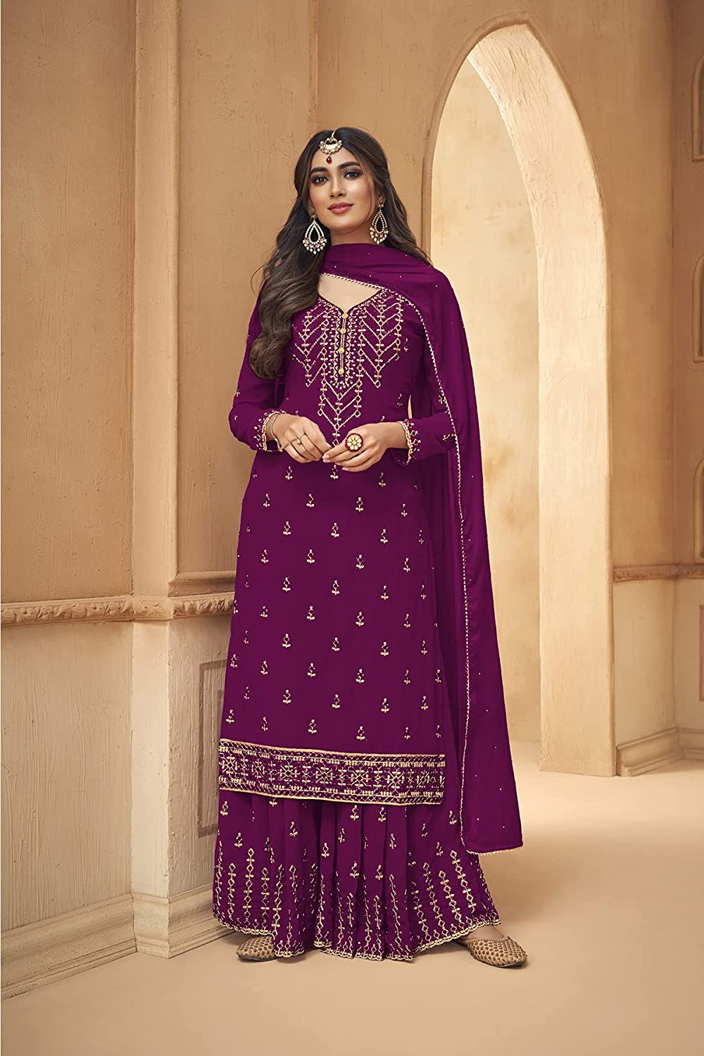 Amazing Georgette Thread Work Semi Stitched Sharara Plazzo Salwar Suit For Women