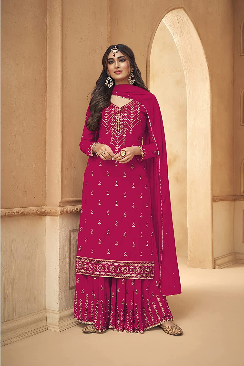 Amazing Georgette Thread Work Semi Stitched Sharara Plazzo Salwar Suit For Women