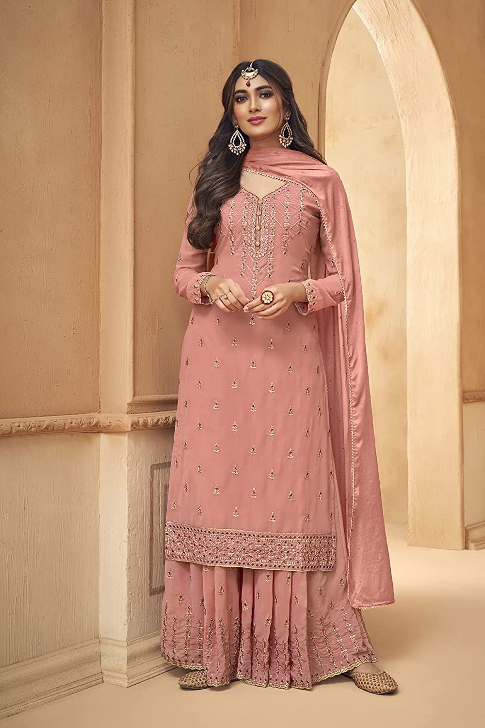 Amazing Georgette Thread Work Semi Stitched Sharara Plazzo Salwar Suit For Women