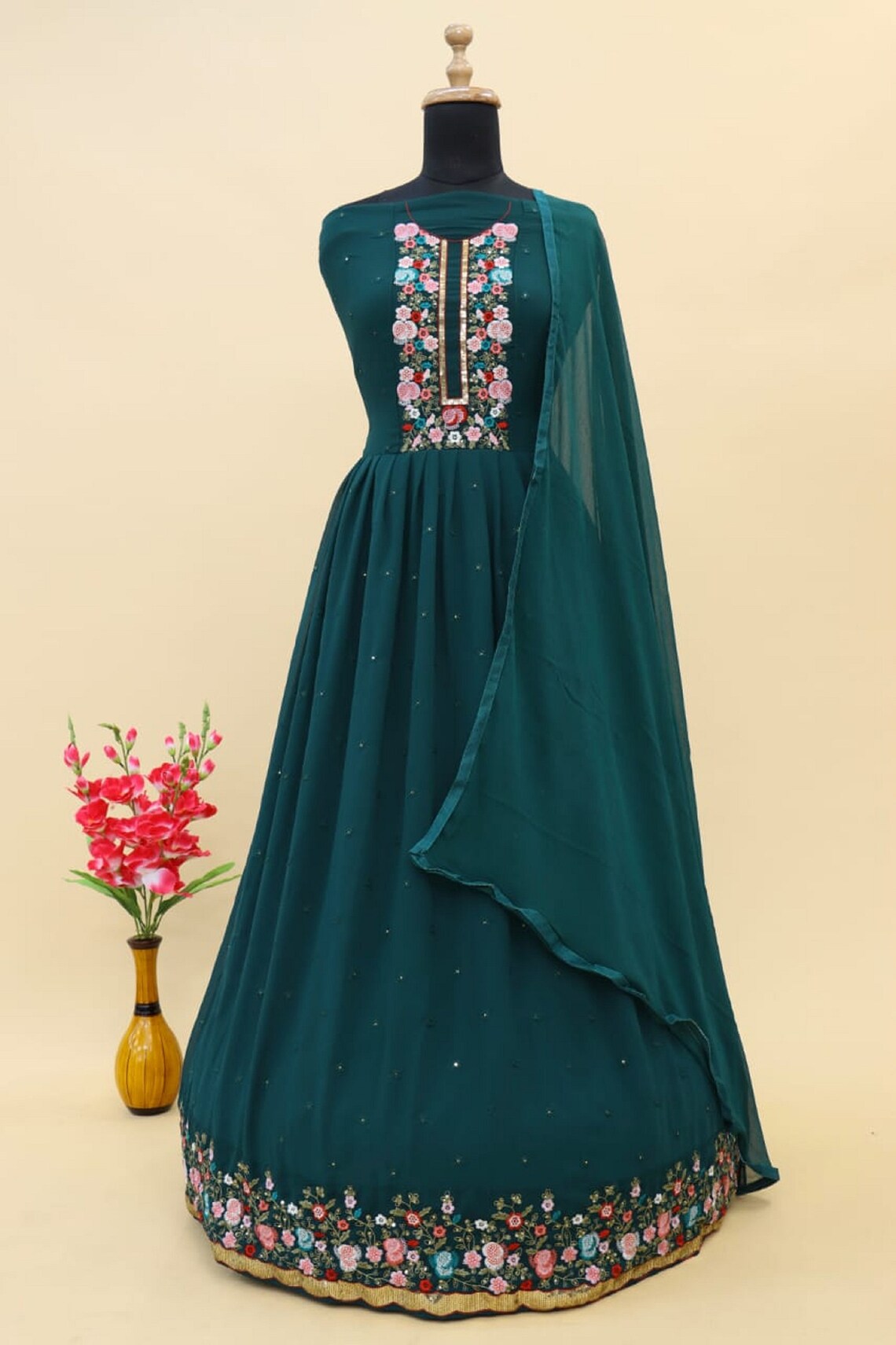 HEAVY FAUX GEORGETTE WITH EMBROIDERY SEQUENCE WORK ANARKALI GOWN
