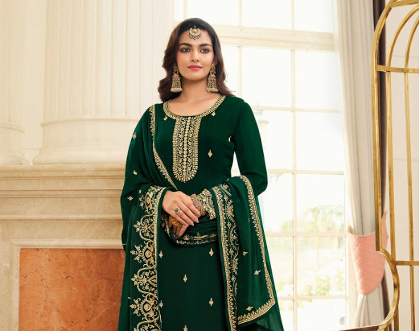 Punjabi Woman's Style Georgette zari & Embroidery Dupatta plazzo fancy salwar suit set