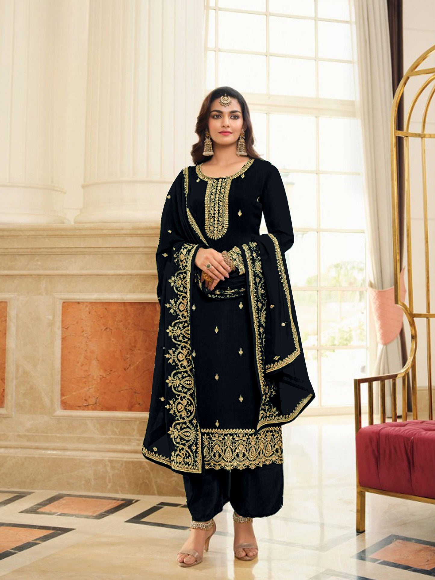 Punjabi Woman's Style Georgette zari & Embroidery Dupatta plazzo fancy salwar suit set