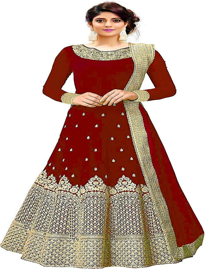 Embroidered Anarkali Silk Blend Maroon Full Sleeve Round Neck Semi Stitched Casual Women Wedding Gown