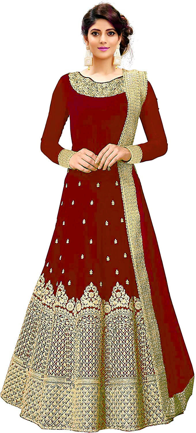 Embroidered Anarkali Silk Blend Maroon Full Sleeve Round Neck Semi Stitched Casual Women Wedding Gown