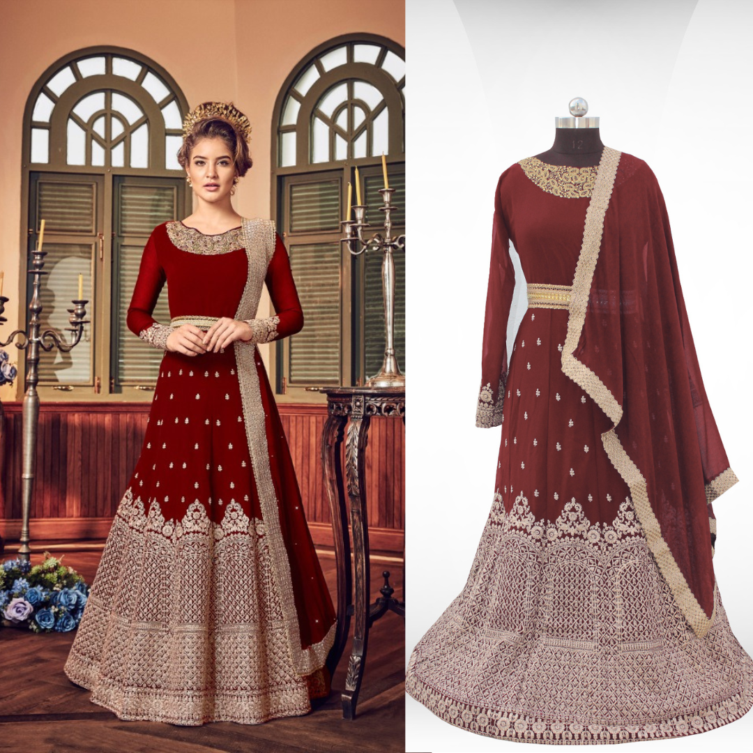 Embroidered Anarkali Silk Blend Maroon Full Sleeve Round Neck Semi Stitched Casual Women Wedding Gown