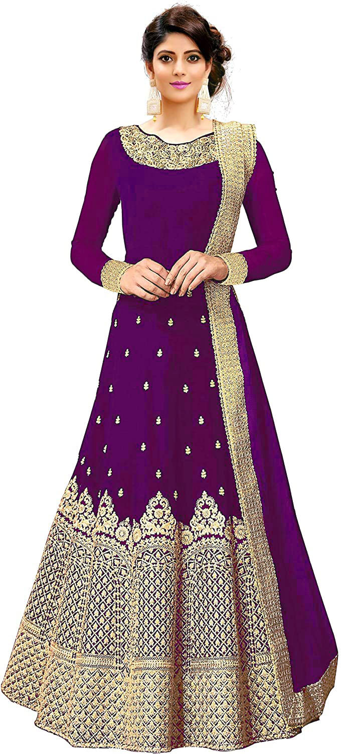 Embroidered Anarkali Silk Blend Maroon Full Sleeve Round Neck Semi Stitched Casual Women Wedding Gown