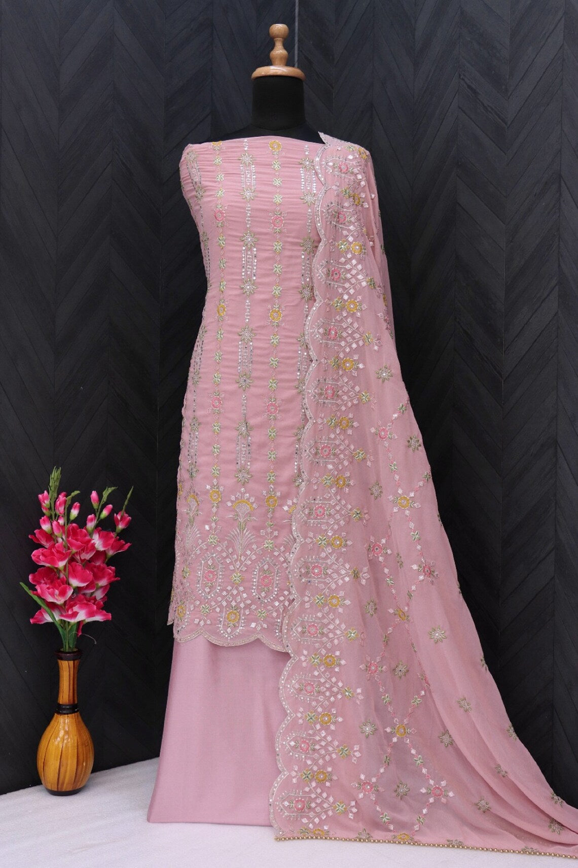 Woman's Wear Designer Outfits Collection Indian Pakistani Wedding Wear Embroidery Worked Straight Shalwar Kameez Palazzo Dupatta Suit