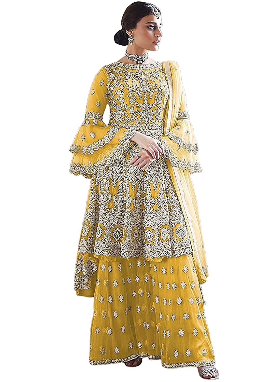 Women' Embroidered Flared Semi Stitched Dress Material With Stitched Bottom and Dupatta